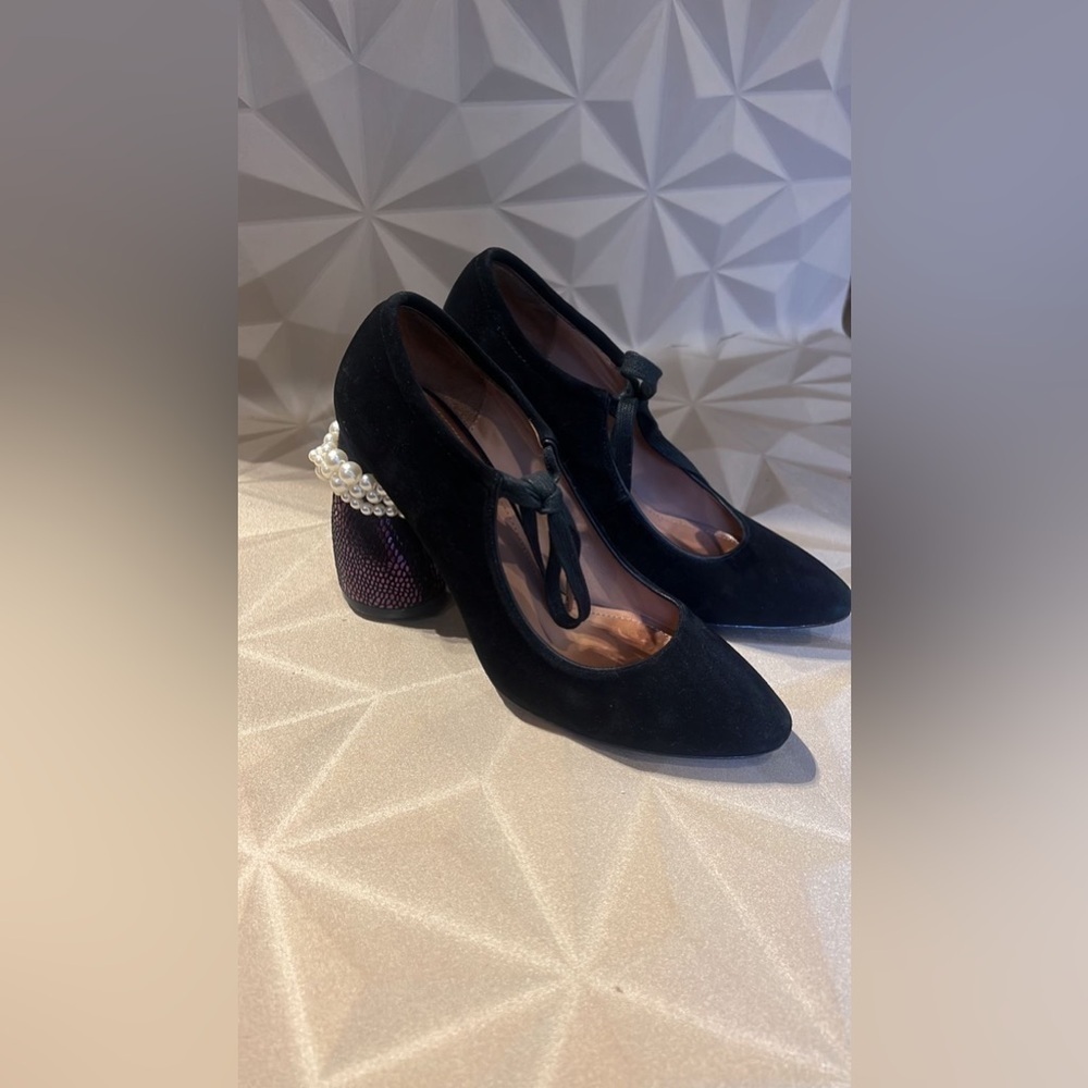 Dries Van Noten Black Velvet Heels with Pearl Detail